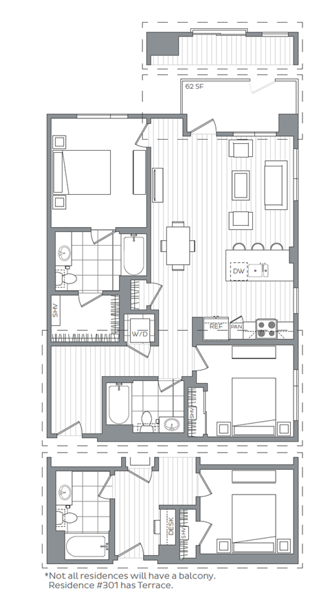 Floor plan for 2 beds, 2 baths, 1100 sqft